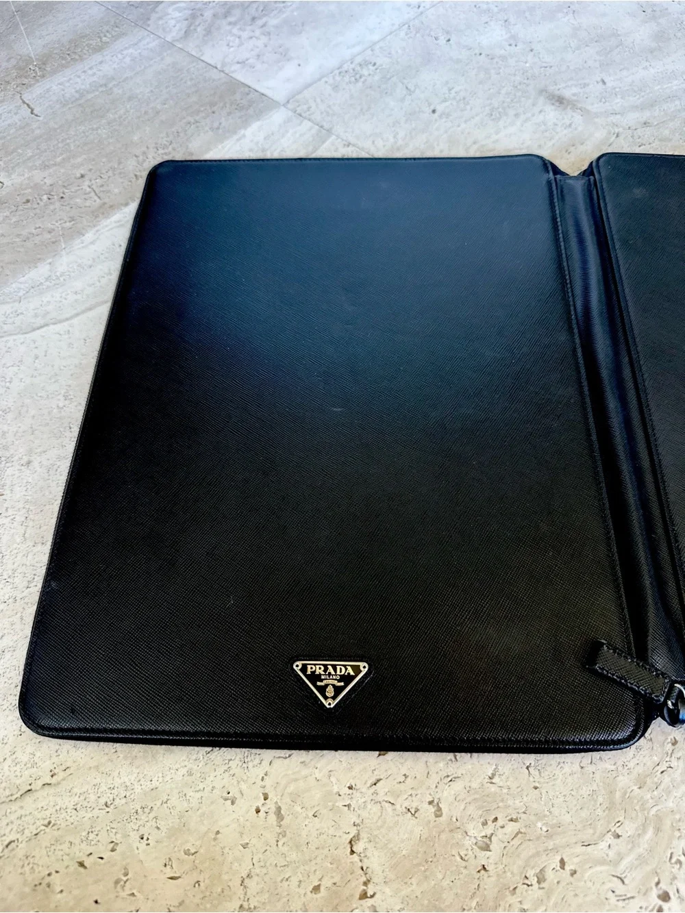 Prada Saffiano Black Leather Zip-around Document Holder in Pristine Condition
